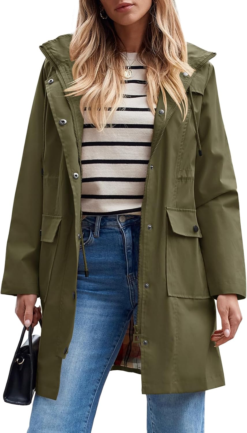 Women's Waterproof Rain Jacket Long Raincoat Hooded Windbreaker Trench Coat