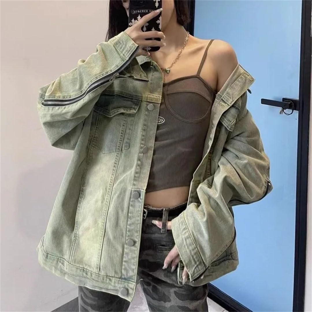 Women's Vintage Jacket Oversize Loose Jean Top Bomber Street Single-Breasted Casual Coat