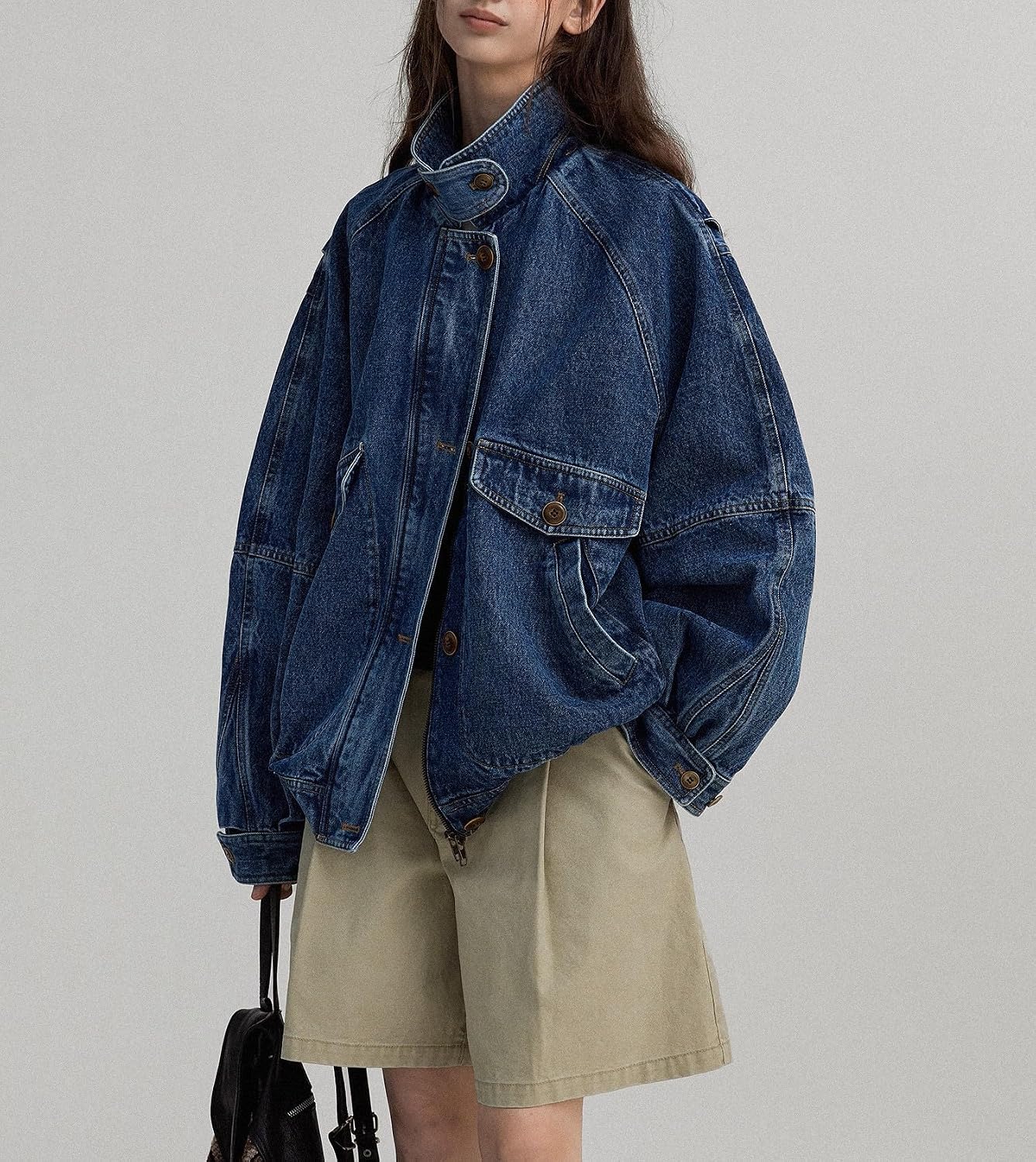 Women's Stand Collar Jean Bomber Jacket Boyfriend Jacket Coat Outerwear