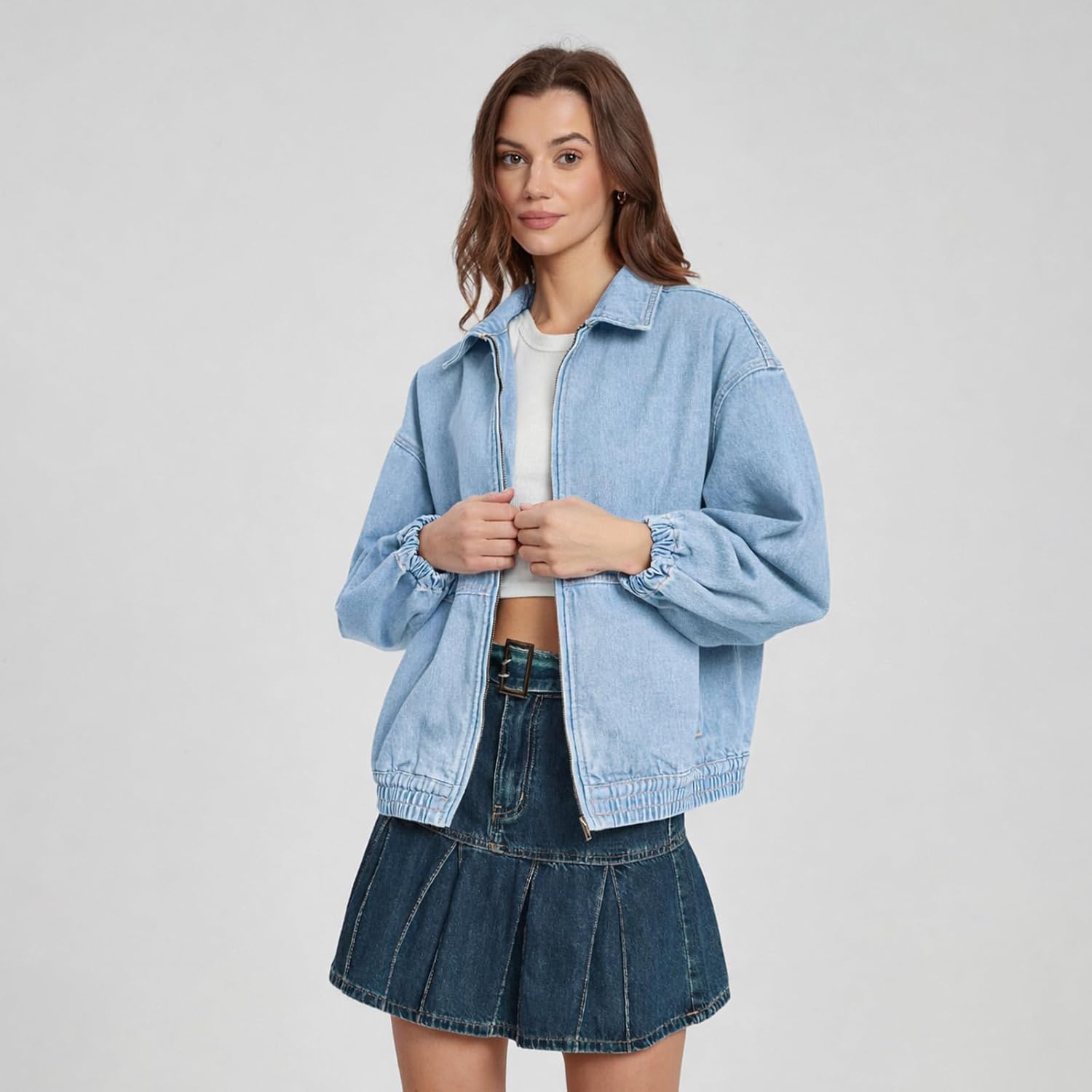 Women's Jacket Zip Up Elastic Hem Casual Loose Fit Bomber Jean Jackets Women's Jacket Zip Up Elastic Hem Casual Loose Fit Bomber Jean Jackets