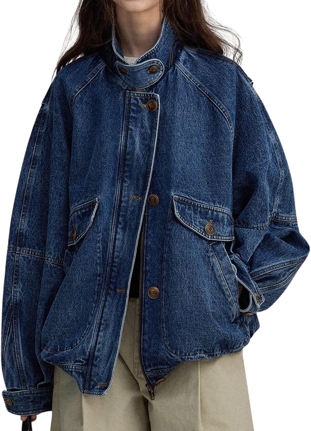 Women's Stand Collar Jean Bomber Jacket Boyfriend Jacket Coat Outerwear