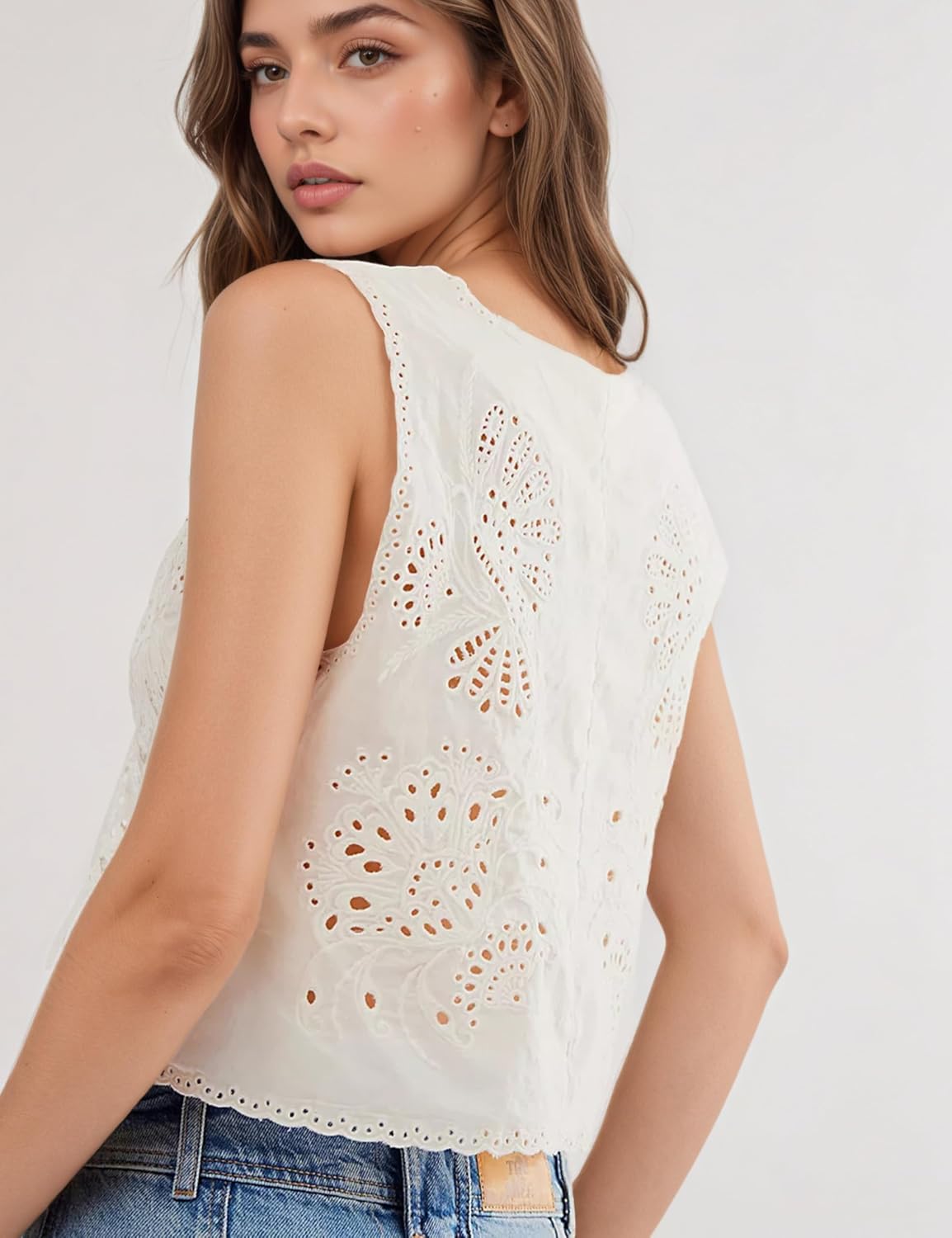 Women's Vest Top Trendy Embroidered Eyelet Tie Front Tops Fashion Crochet Lace Hollow Out Vests