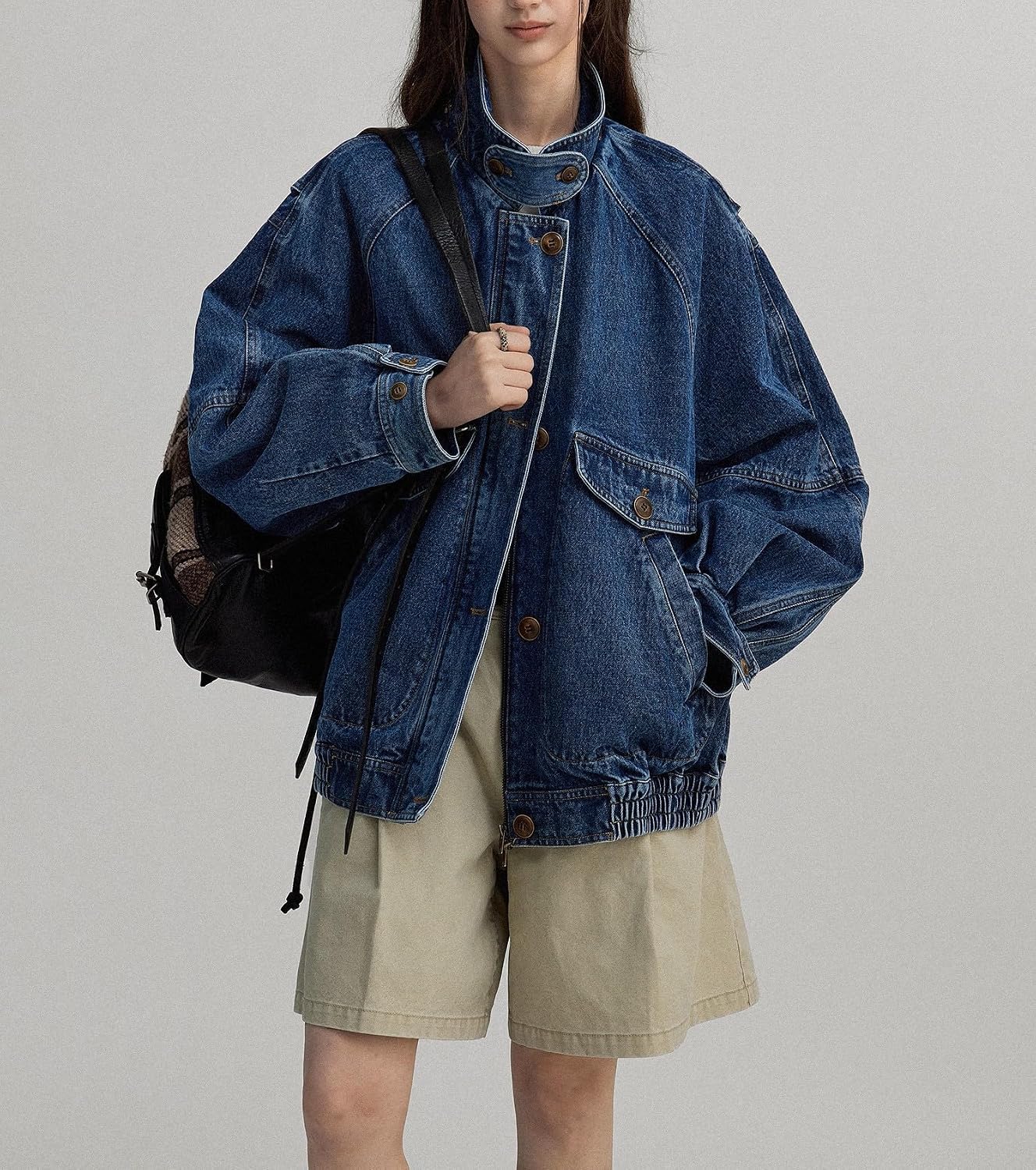 Women's Stand Collar Jean Bomber Jacket Boyfriend Jacket Coat Outerwear