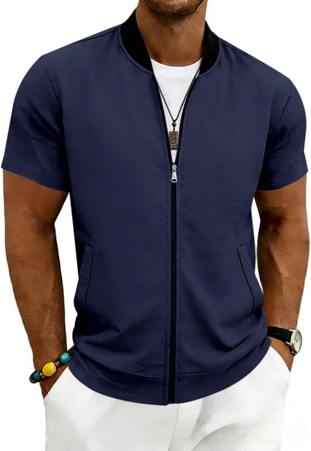 Men's Short Sleeve Zip Up Stand Collar Baseball Varsity Bomber Jacket Athletic Sporty Men's Short Sleeve Zip Up Stand Collar Baseball Varsity Bomber Jacket Athletic Sporty