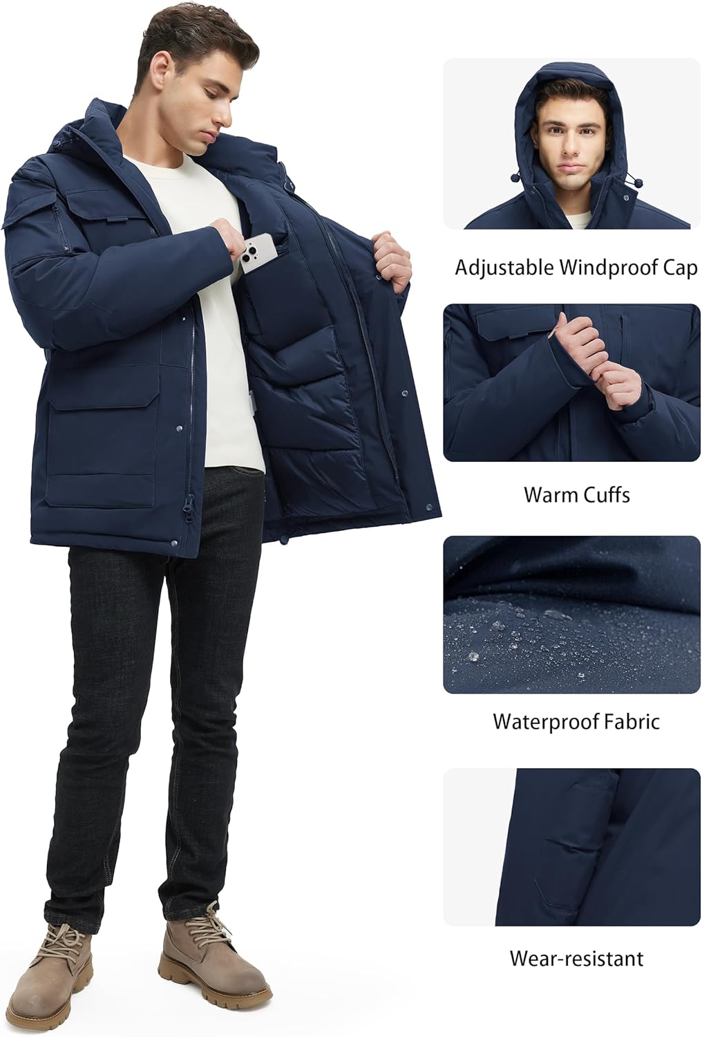 Men's Winter Coats Waterproof Padded Jacket with Hood Windbreaker