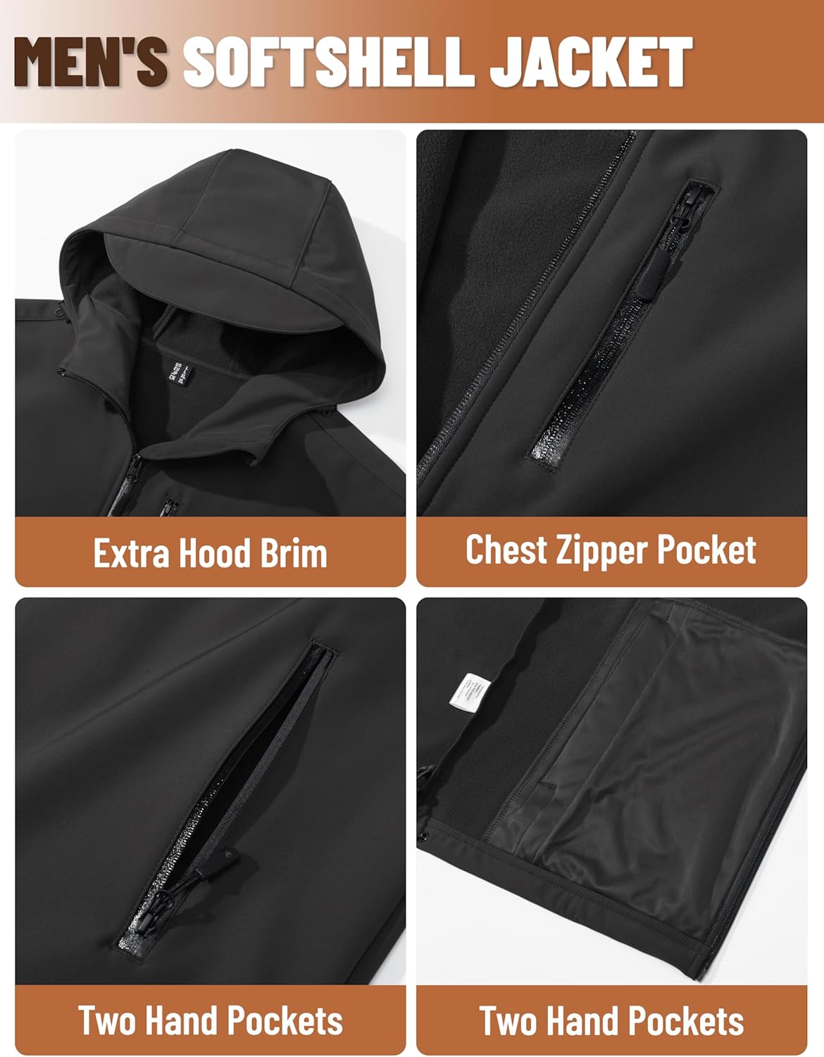 Men's Hooded Softshell Jacket Waterproof Fleece Lined Windbreaker Rain Jacket Winter
