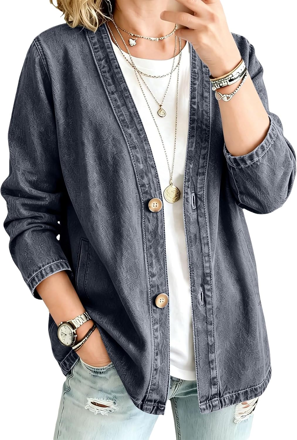 Women's Cardigan for Vintage Button Front Long Sleeve Jean Jacket Y2k V Neck Bomber Jacket with Pockets