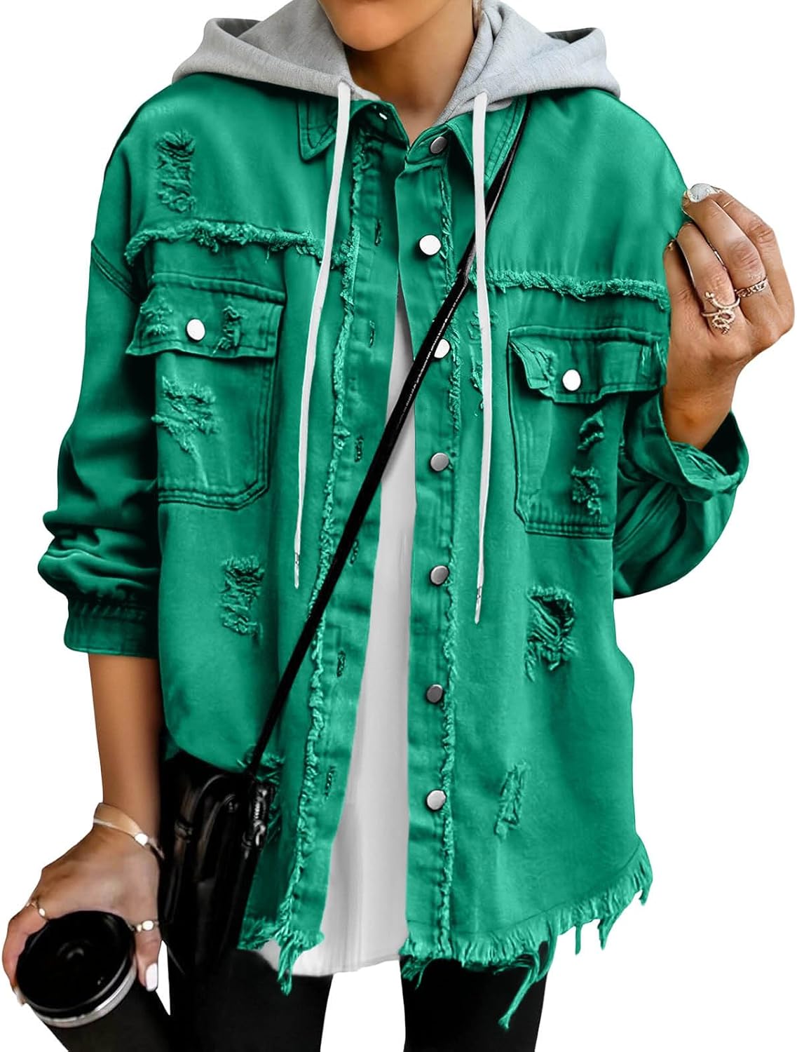 Women's Jacket for Button Down Long Sleeve Jean Jacket Casual Frayed Hem Ripped Jean Coat