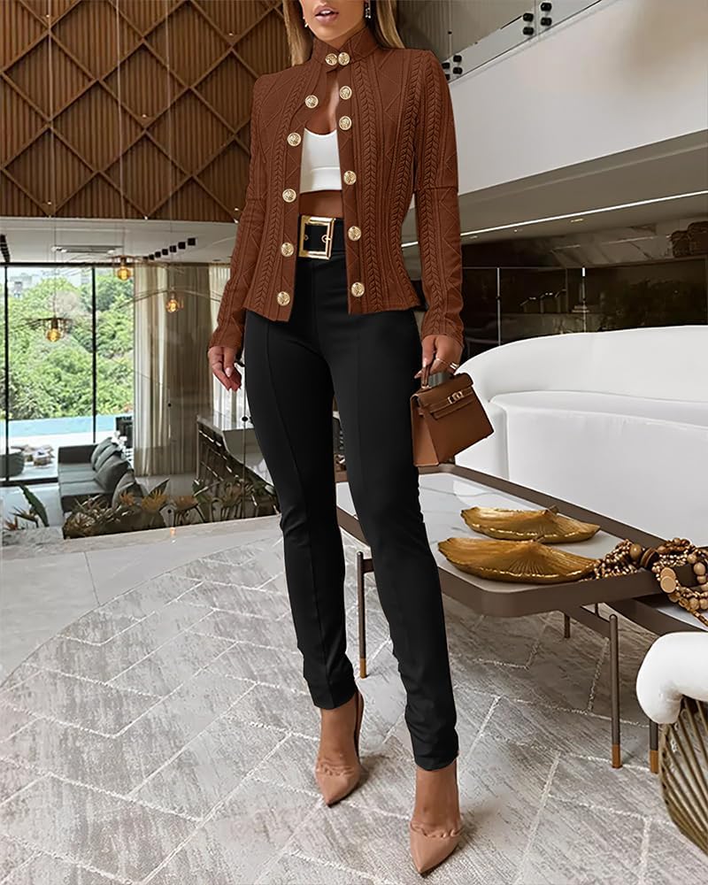 Women's Argyle Cable Cardigan Casual Cropped Coat Stand Collar Long Sleeve Metal Button Front Spring Jackets