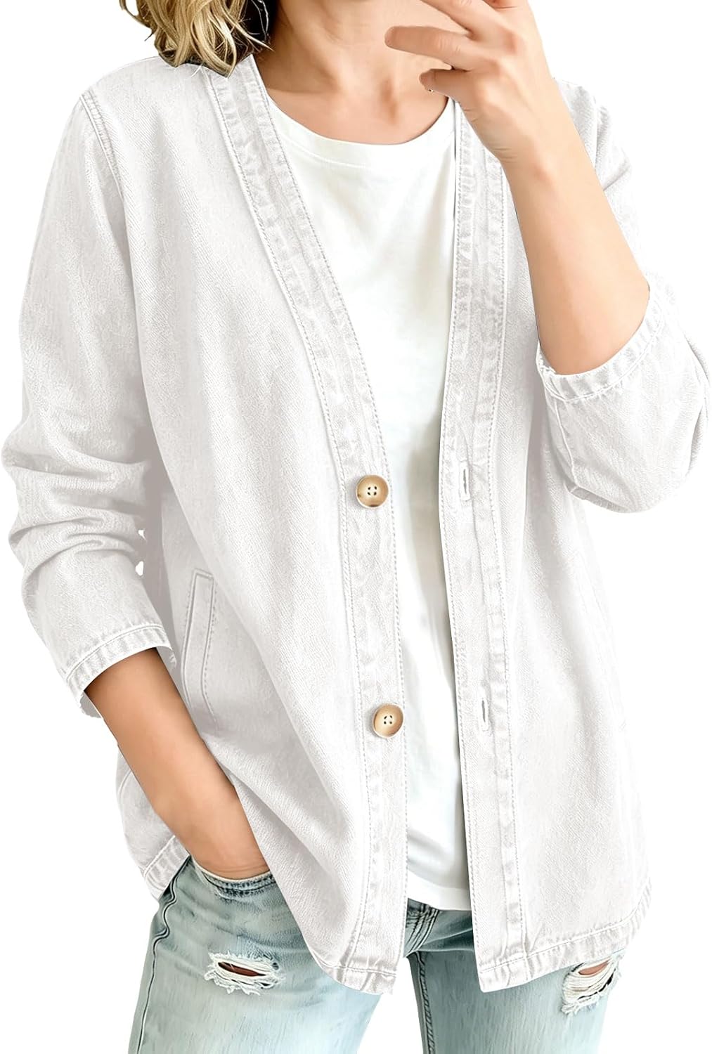 Women's Jacket V Neck Long Sleeve Button Front Soft Casual cardigan Spring Jean Jacket