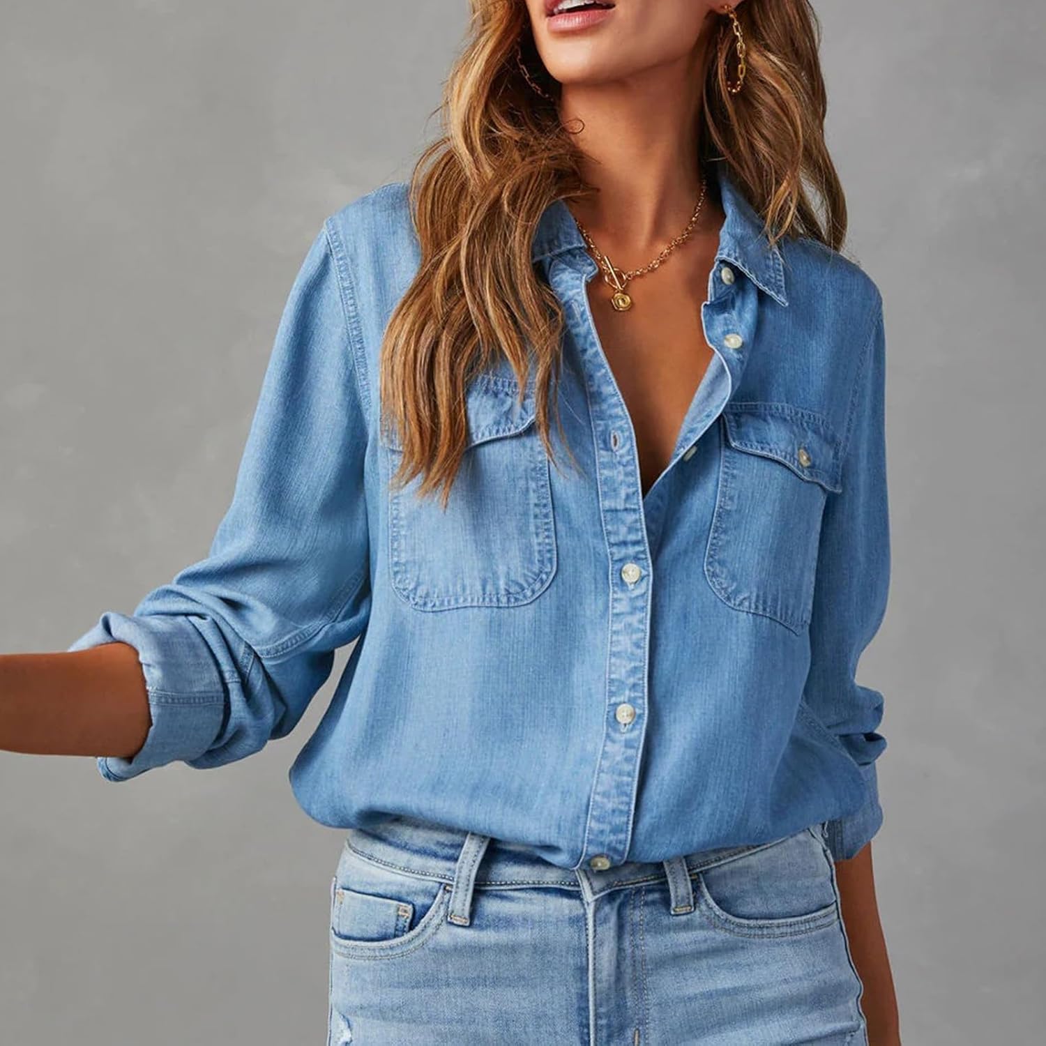 Women's Button Down Vintage Jean Jacket Cropped Trucker Coat with Pockets