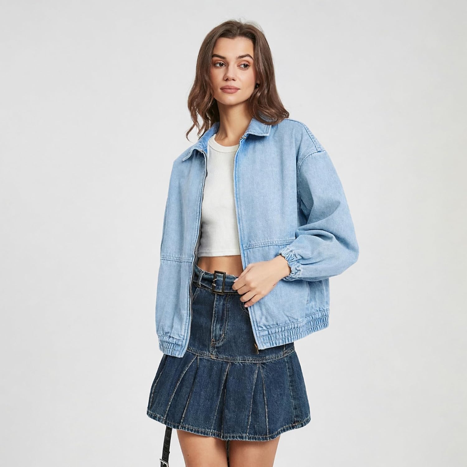 Women's Jacket Zip Up Elastic Hem Casual Loose Fit Bomber Jean Jackets Women's Jacket Zip Up Elastic Hem Casual Loose Fit Bomber Jean Jackets