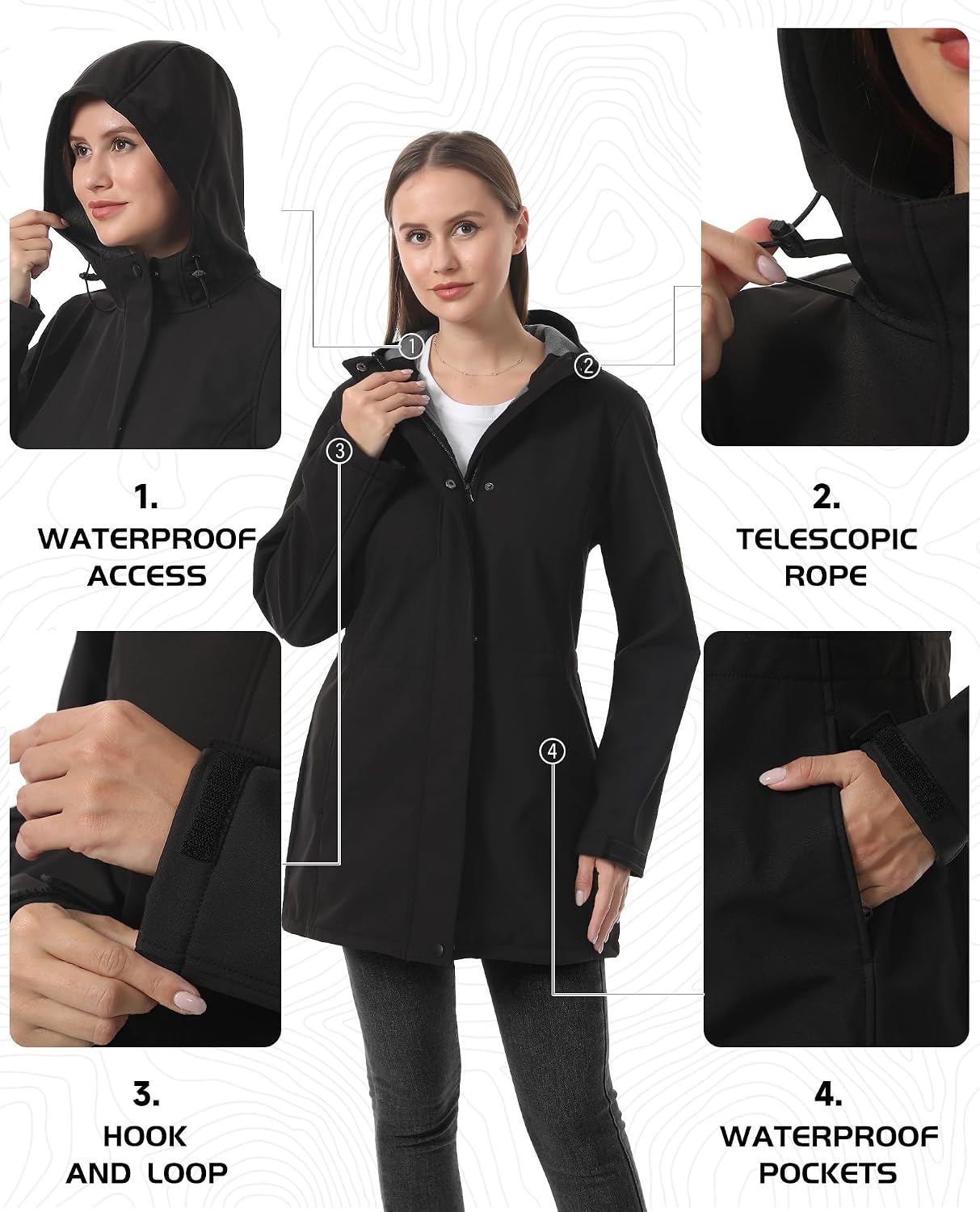 Women's Waterproof Softshell Rain Jacket Fleece Lined Hooded Long Rain Coat Warm Windproof