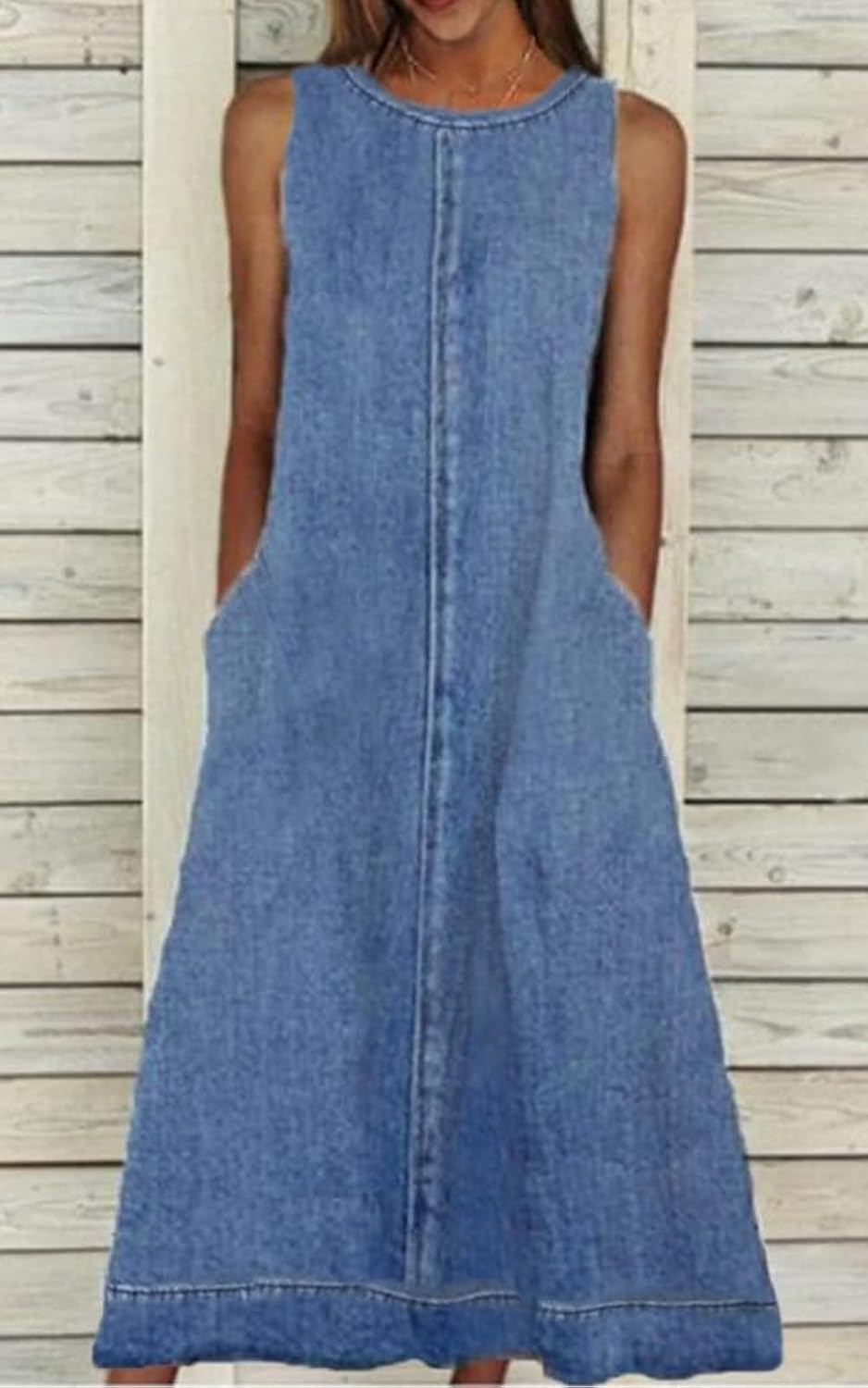 Women's Casual Sleeveless Maxi Dress Crewneck Vintage Loose Long Vest Jean Dress with Pockets