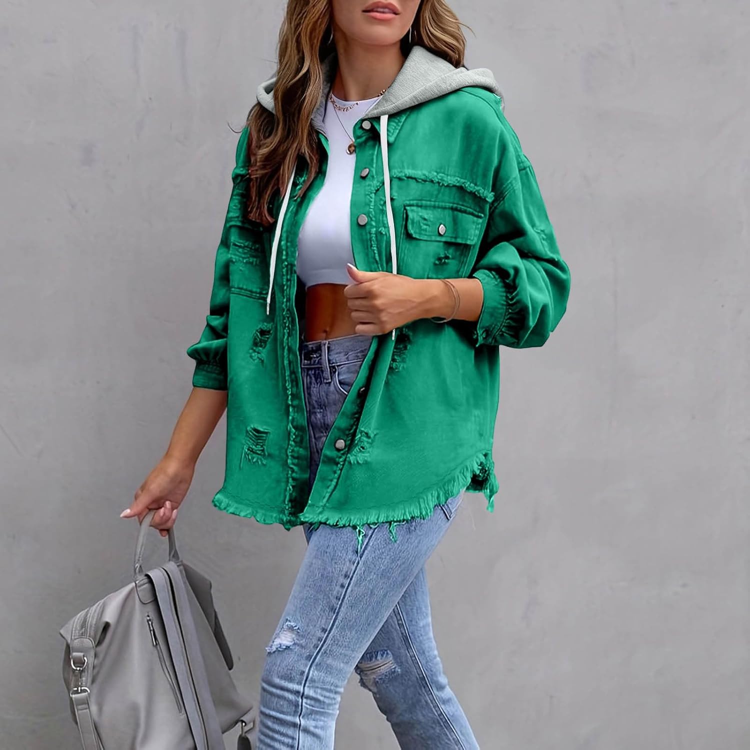 Women's Jacket for Button Down Long Sleeve Jean Jacket Casual Frayed Hem Ripped Jean Coat