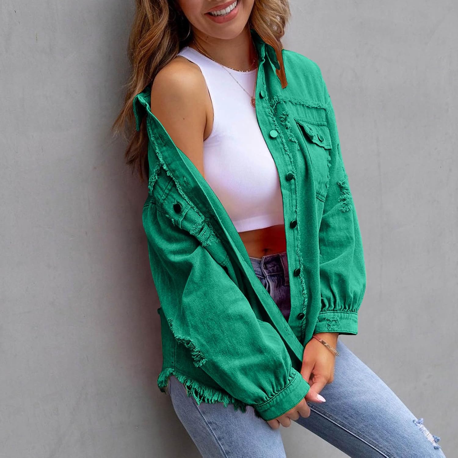 Women's Jacket for Button Down Long Sleeve Jean Jacket Casual Frayed Hem Ripped Jean Coat