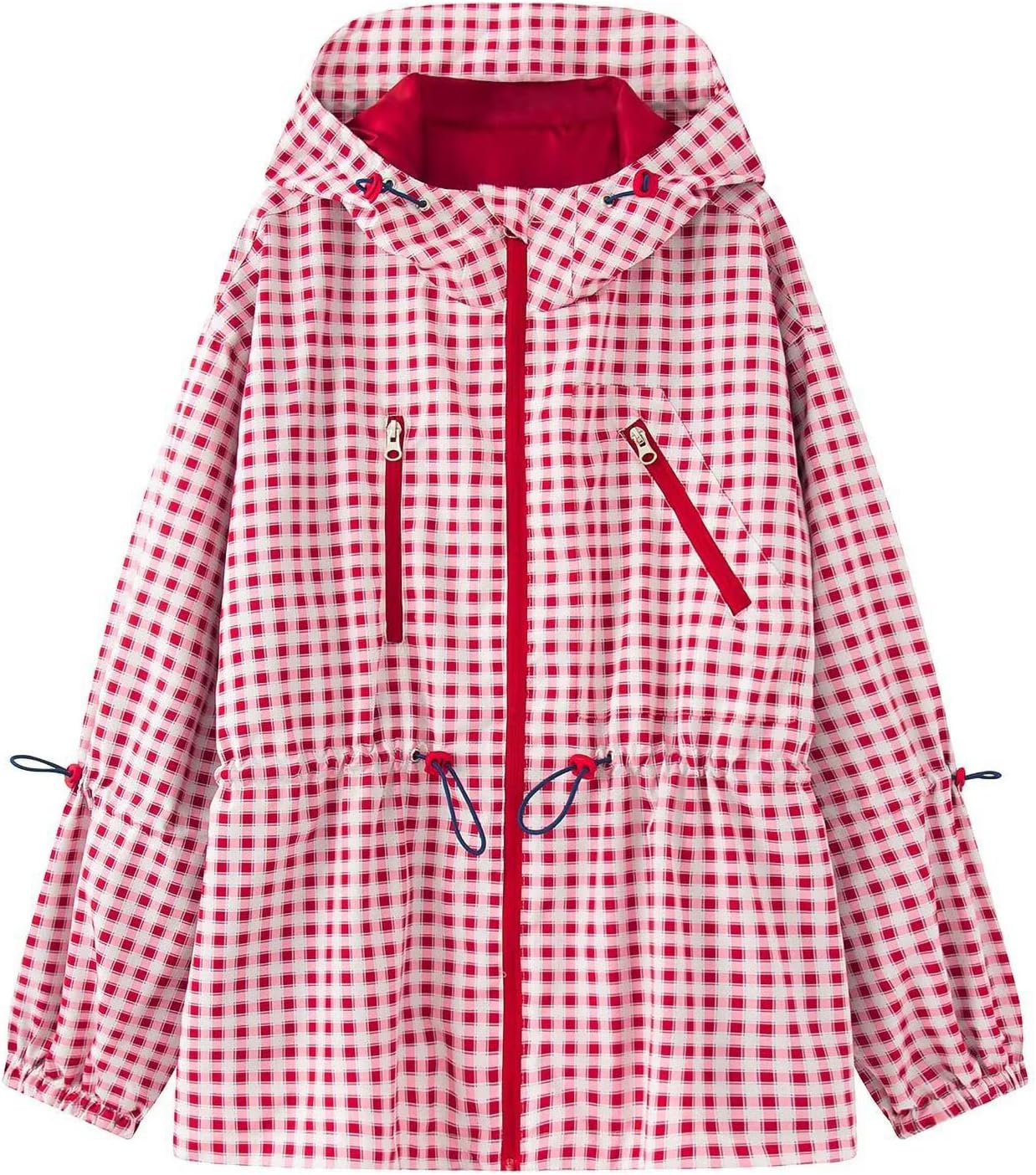 Women's Gingham Hooded Jacket Drawstring Waist Casual Jackets Zip Up Coat Outerwear with Pockets