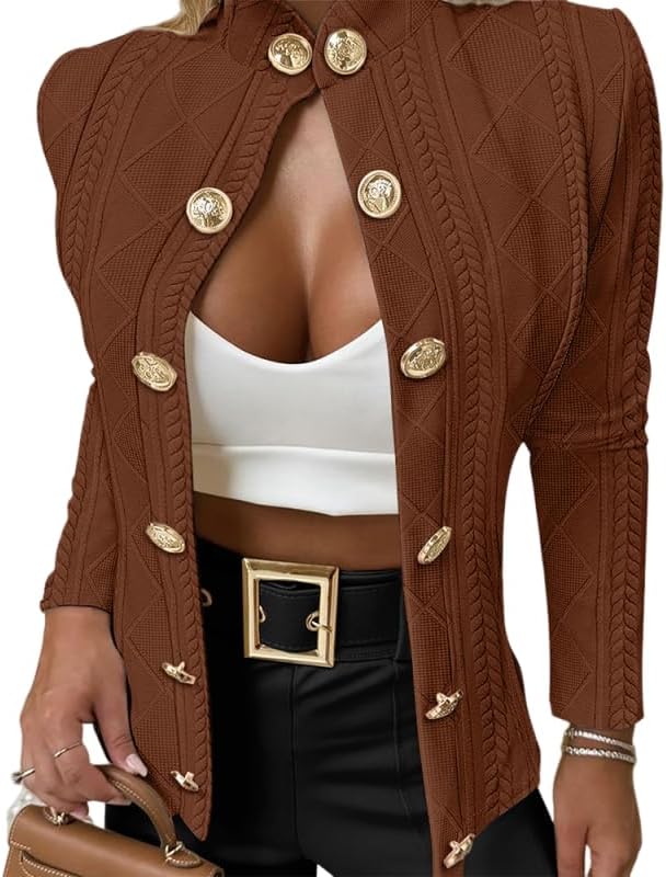 Women's Argyle Cable Cardigan Casual Cropped Coat Stand Collar Long Sleeve Metal Button Front Spring Jackets