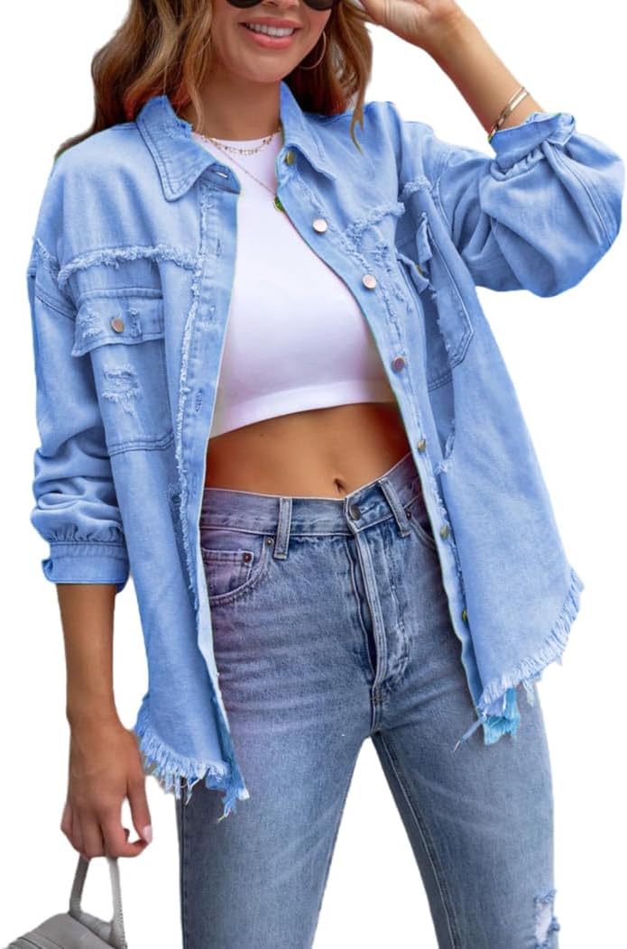 Women's Lady's long-sleeved casual jacket buttoned shirt with worn-out edges and pockets