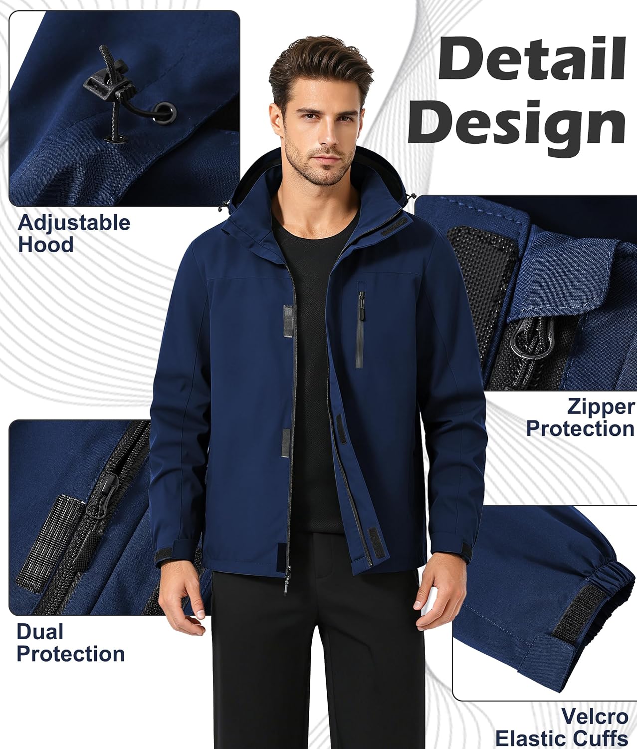 Men's Waterproof Hiking Jacket with Hood Windproof Weight Windbreaker Outdoor Fishing Raincoat Zipper Pockets