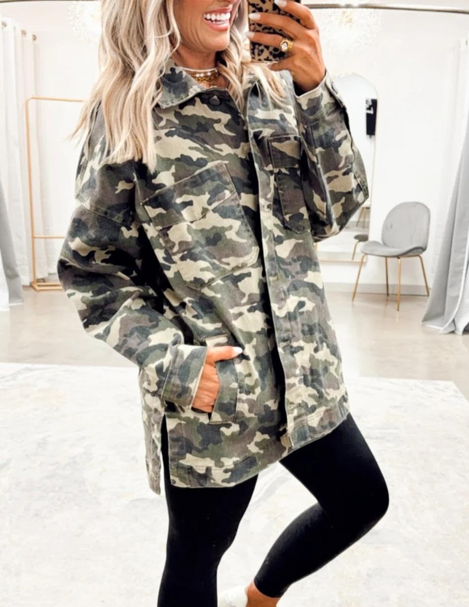 Women's Camo Jacket for Button Down Long Sleeve Jean Jacket Vintage Casual Jackets with Chest Pockets