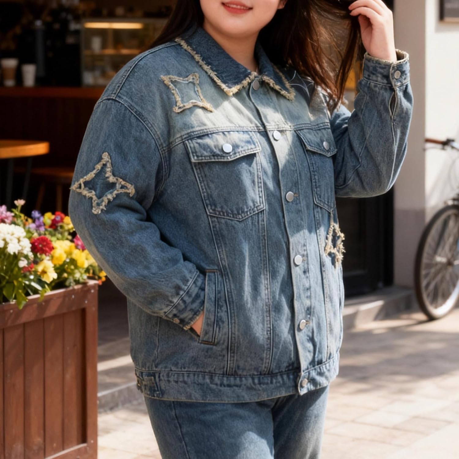 Women's Jeans Jacket Star Patches Button Down Long Sleeve Jacket Loose Boyfriend Coat