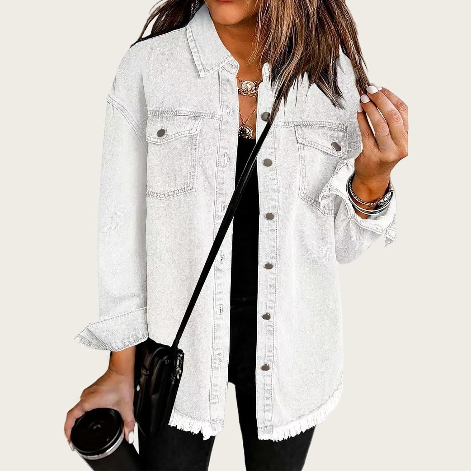 Women's Jacket Trendy Frayed Hem Long Sleeve Button Down Shirts Jean Jacket