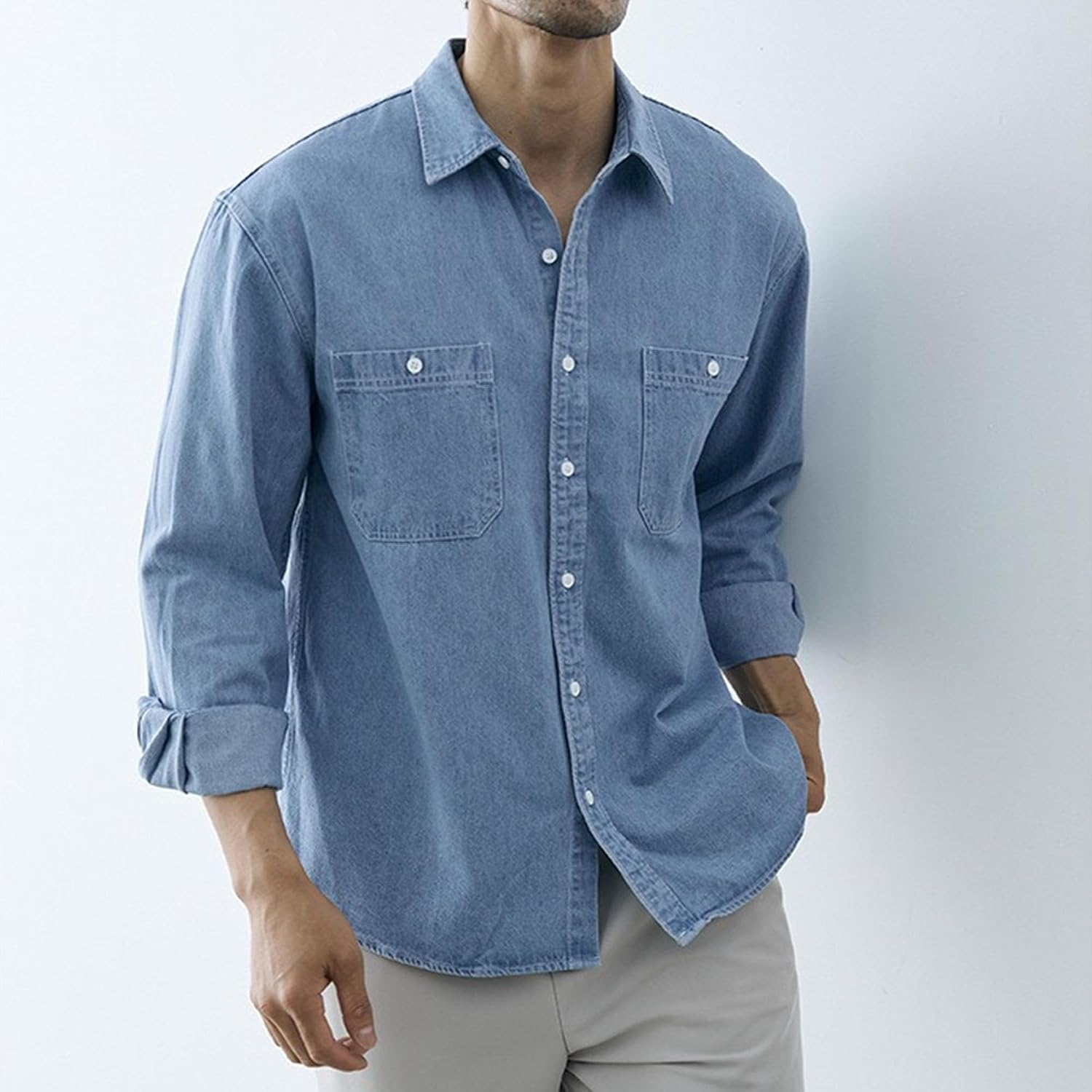 Men's Long Sleeve Button Slim Fit Jacket Two Pocket Long Sleeve Jean Shirt Work Jeans