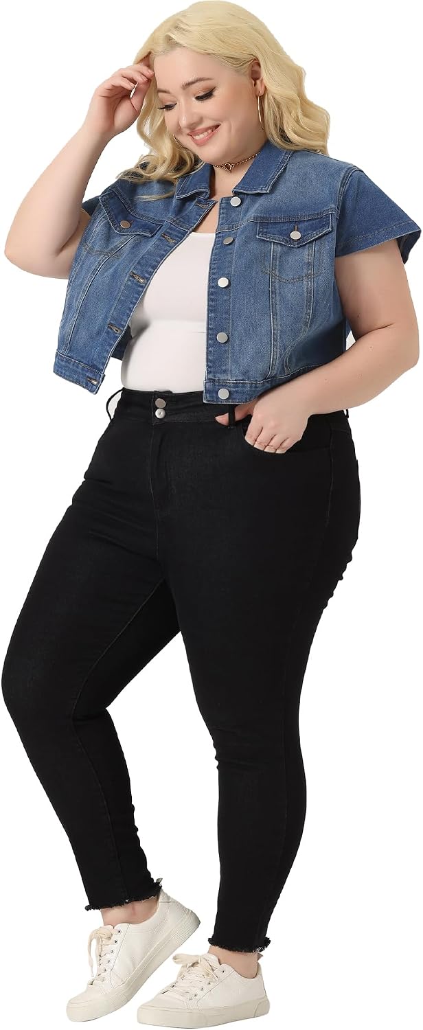 Women's Short Sleeve Jackets Button Front Cropped Jean Jacket