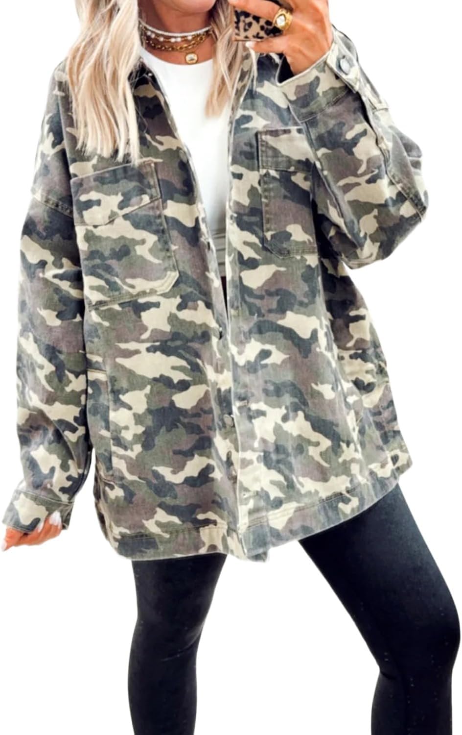 Women's Camo Jacket for Button Down Long Sleeve Jean Jacket Vintage Casual Jackets with Chest Pockets