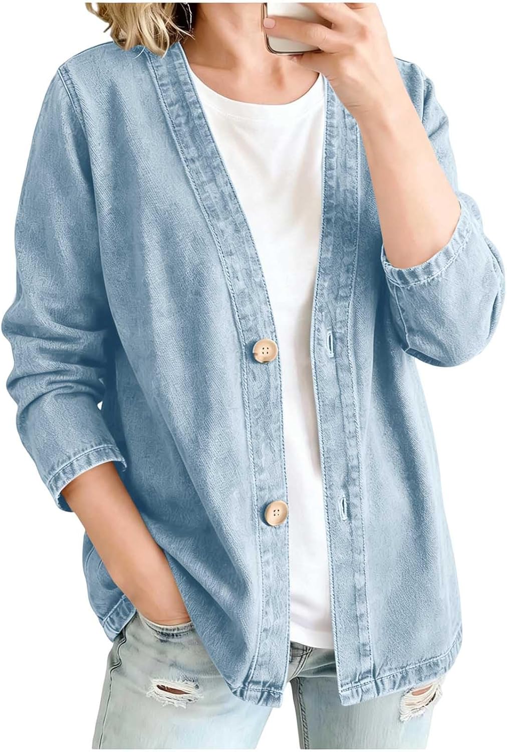 Women's Cardigan Trendy Button Front Jacket Relaxed Fit Casual V-Neck Jean Jackets