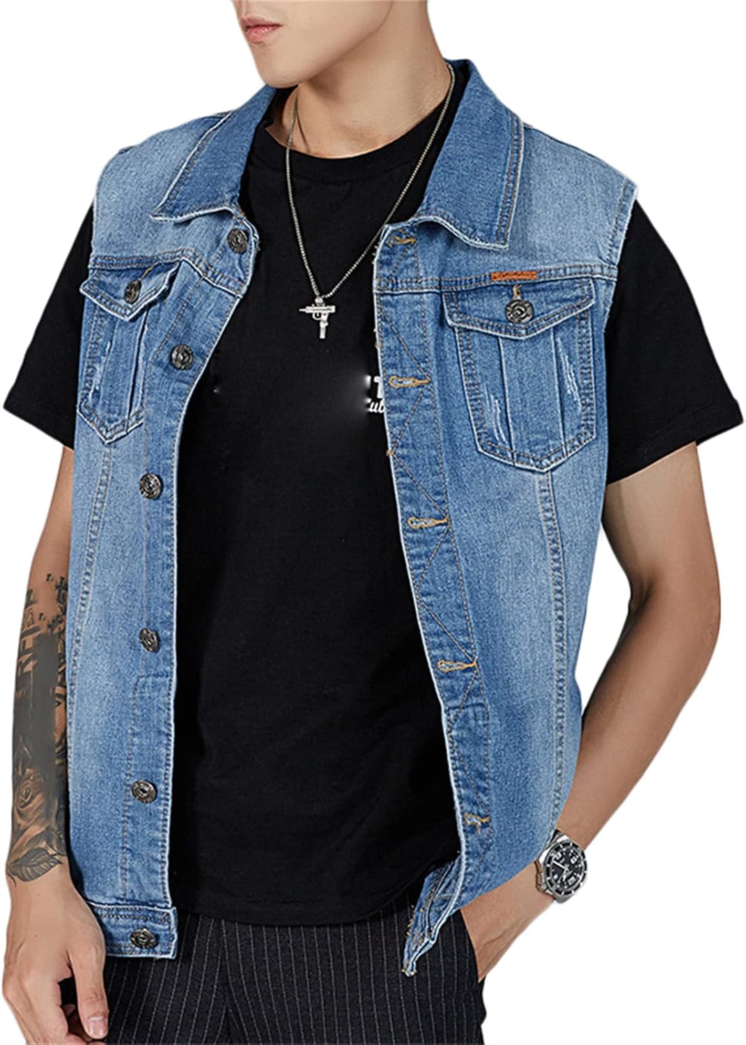 Men's Fit Retro Vest Sleeveless Jean Vest and Rocker Trucker Jacket Pocket