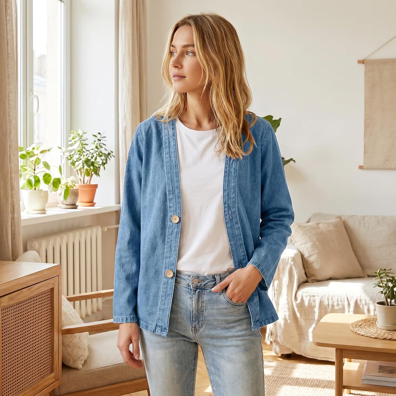 Women's Cardigan Trendy Button Front Jacket Relaxed Fit Casual V-Neck Jean Jackets