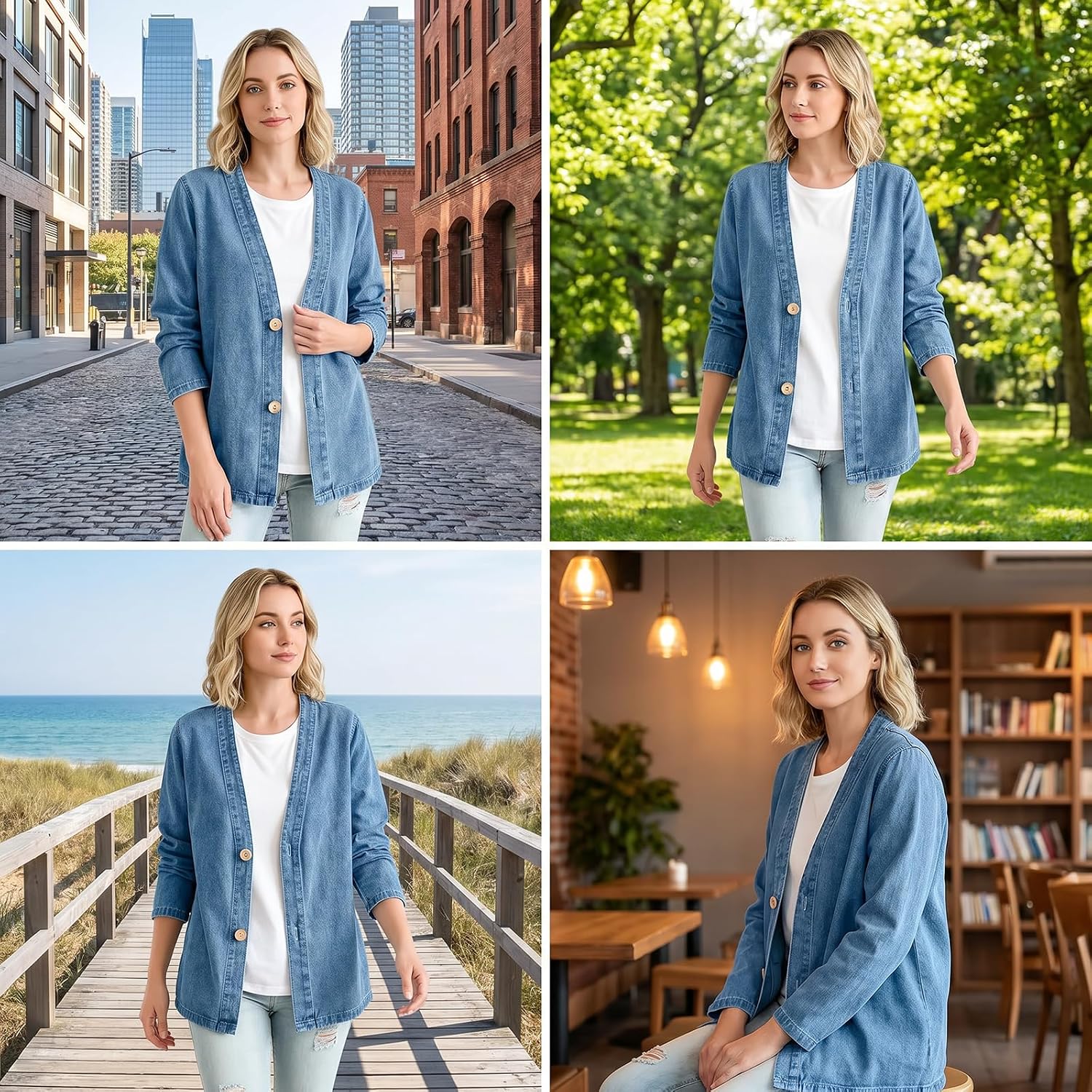 Women's Cardigan Trendy Button Front Jacket Relaxed Fit Casual V-Neck Jean Jackets