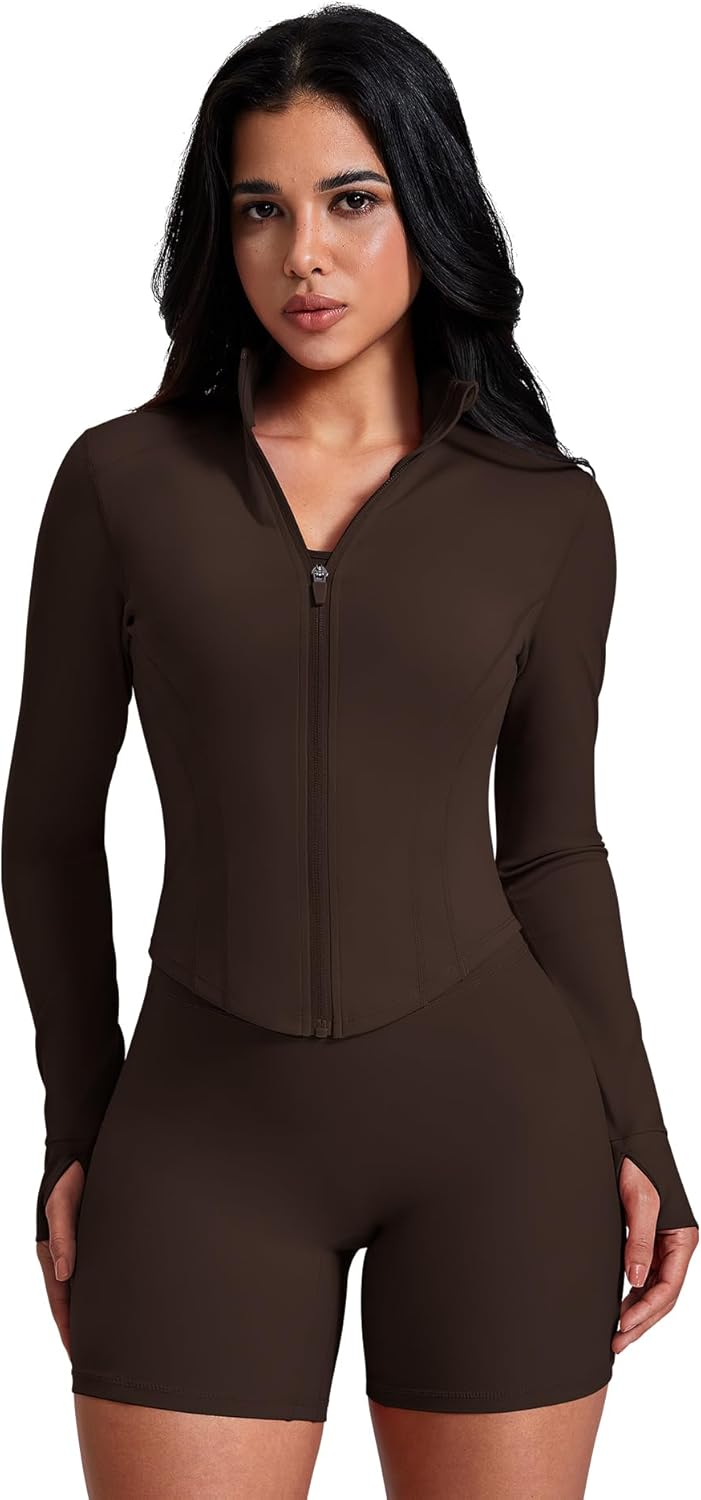 Women's Workout Jacket Zip Up Crop Top Running Sportwear Slim Fit Gym Jackets With Thumb Holes