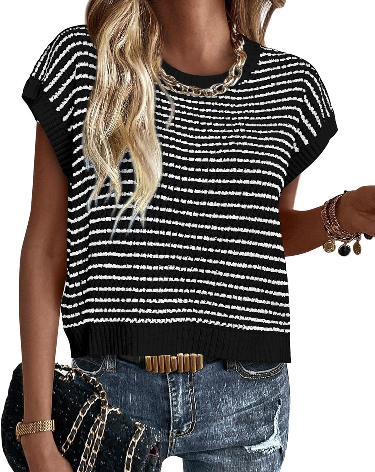 Women's Short Sleeve Sweater Spring Summer Round Neck Pullover Cap Sleeve Knit Sweater Vest Top