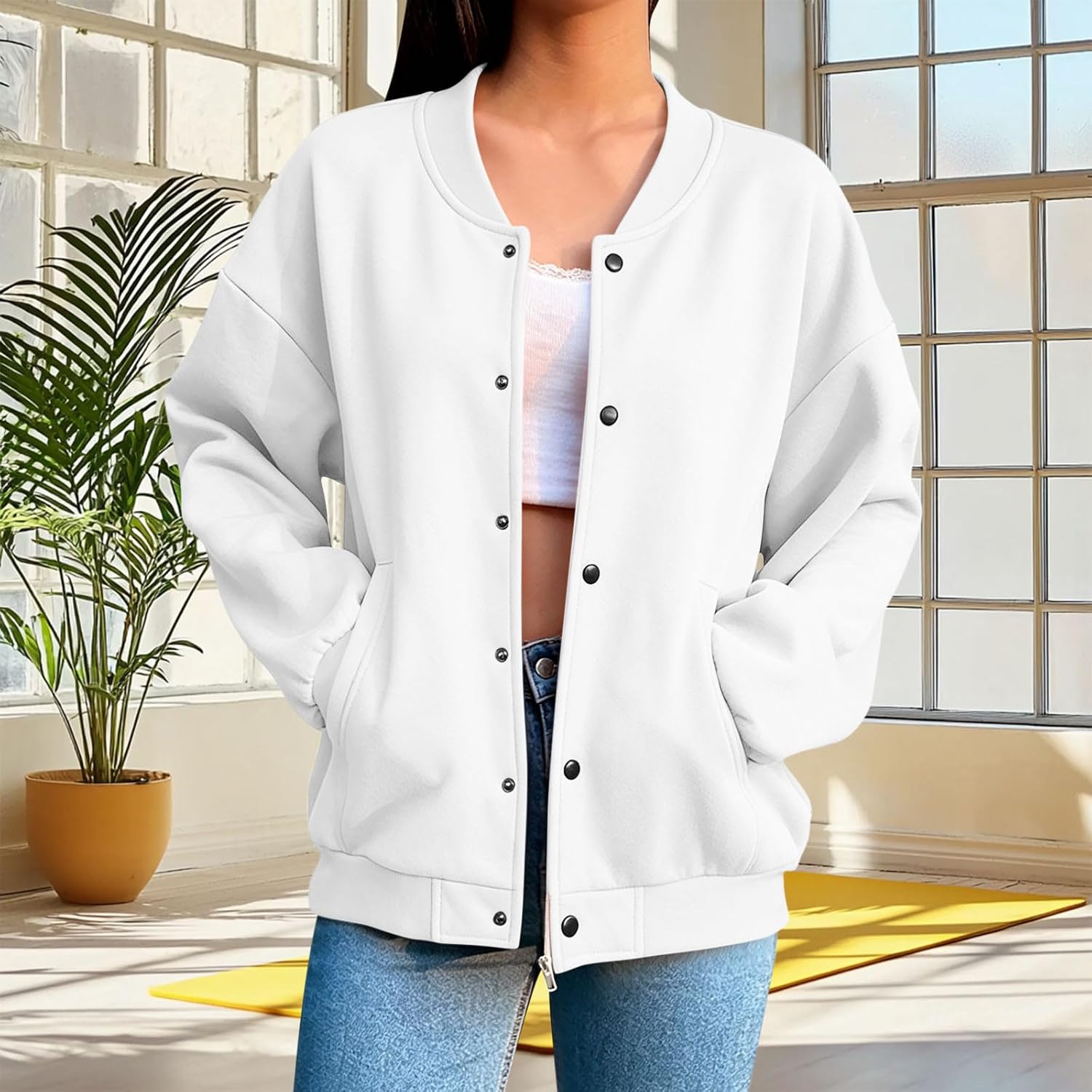 Women's Bomber Jacket for Casual Button down Trendy Sweatshirt Fall Winter Long Sleeve Outfits with Pockets