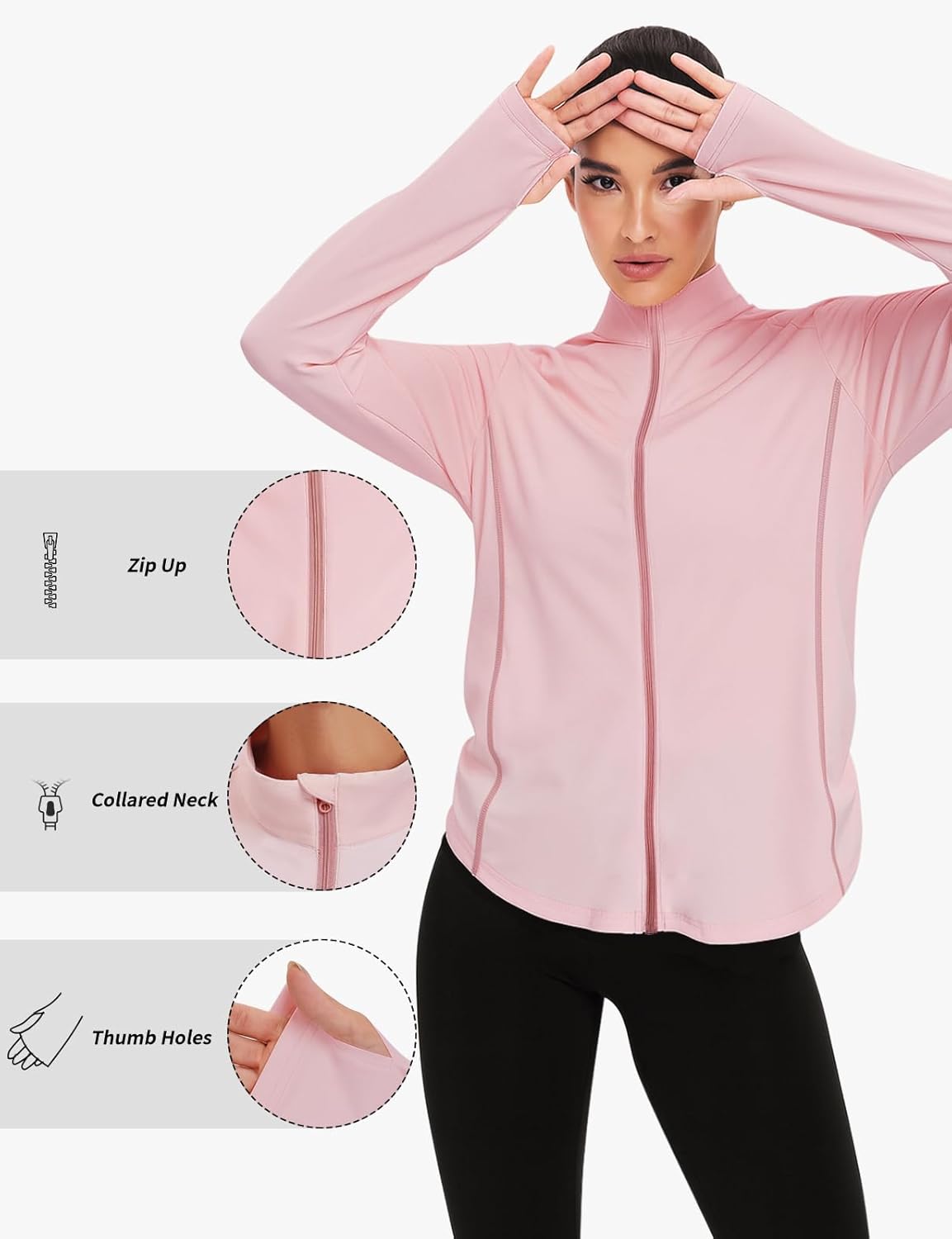 Women's UPF Sun Protection Jacket Zip Up Long Sleeve Sun Shirt with Thumb Hole Hiking
