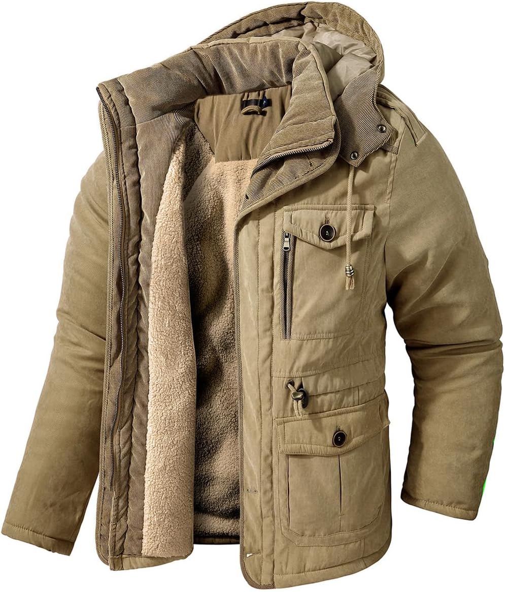 Men's Winter Hooded Jacket Windproof Sherpa Lined Fleece Windbreaker Coat Outerwear Warm Parka