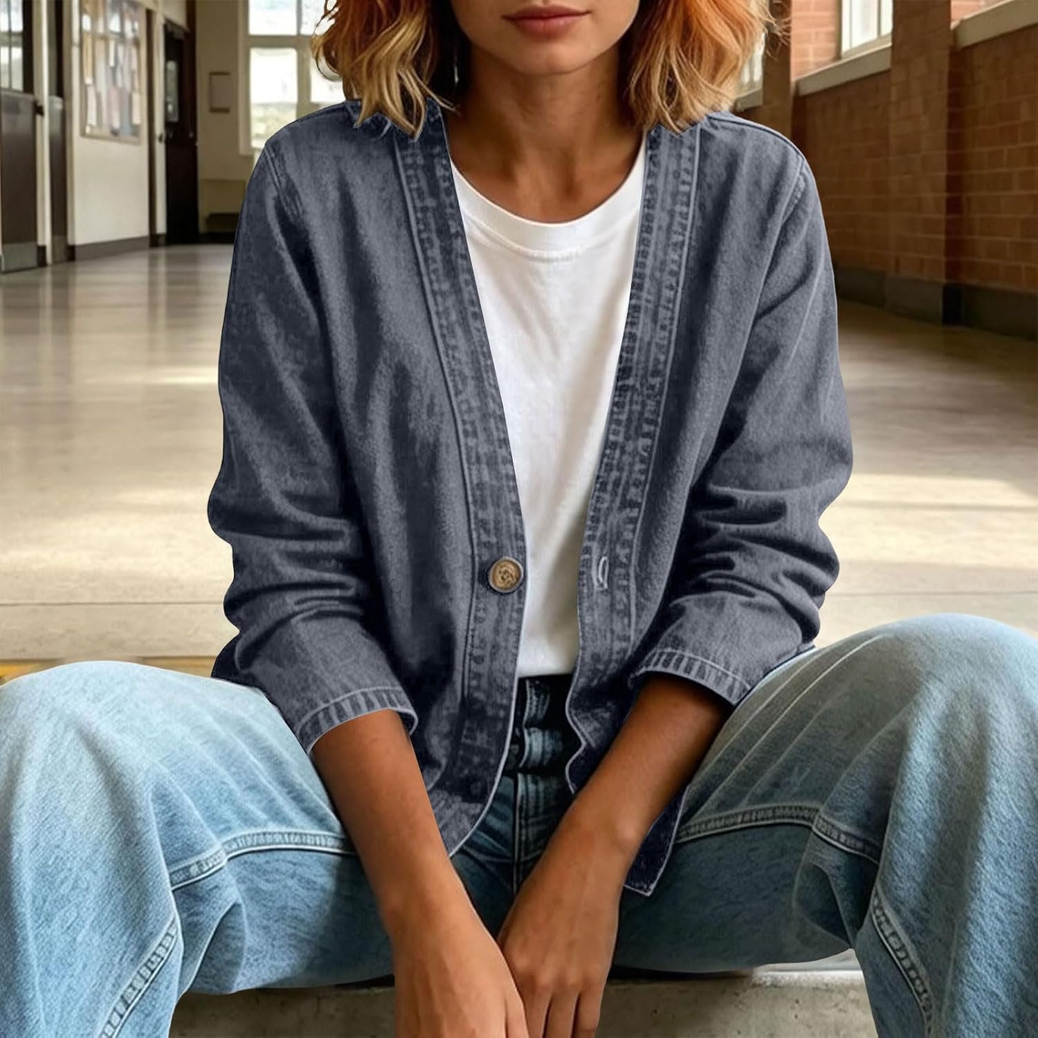 Women's Cardigan for Vintage Button Front Long Sleeve Jean Jacket Y2k V Neck Bomber Jacket with Pockets
