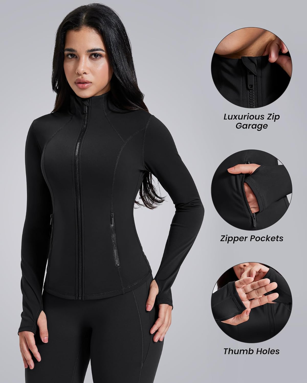 Women's Workout Jackets Athletic Zip Up Jacket Slim Fit Running Gym Top with Pockets & Thumb Holes