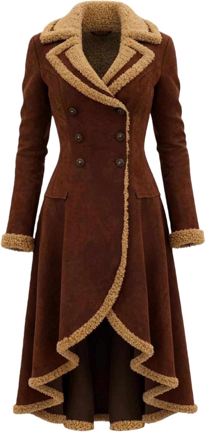 Women's Sherpa Lined Suede Jacket Fleece Faux Leather Trench Coat Double Breasted Jacket Vintage Western Jackets