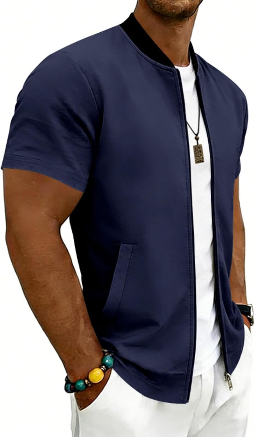 Men's Short Sleeve Zip Up Stand Collar Baseball Varsity Bomber Jacket Athletic Sporty
