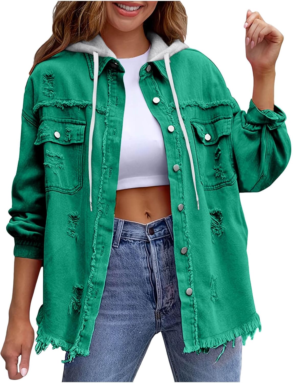 Women's Jacket for Button Down Long Sleeve Jean Jacket Casual Frayed Hem Ripped Jean Coat
