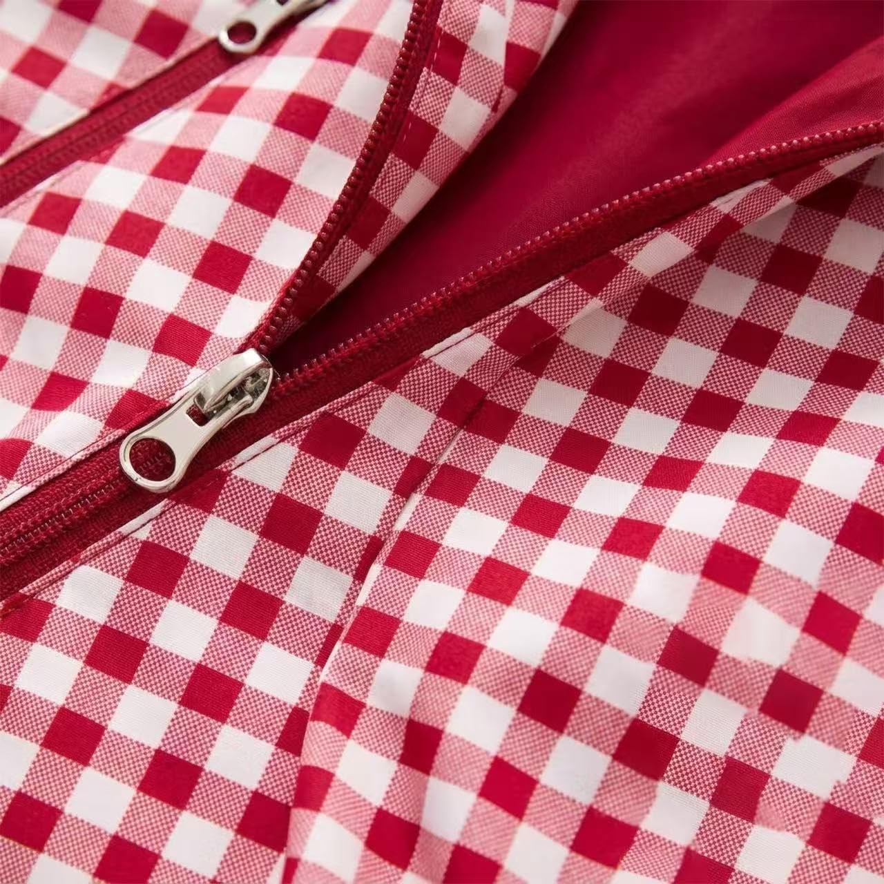 Women's Gingham Hooded Jacket Drawstring Waist Casual Jackets Zip Up Coat Outerwear with Pockets