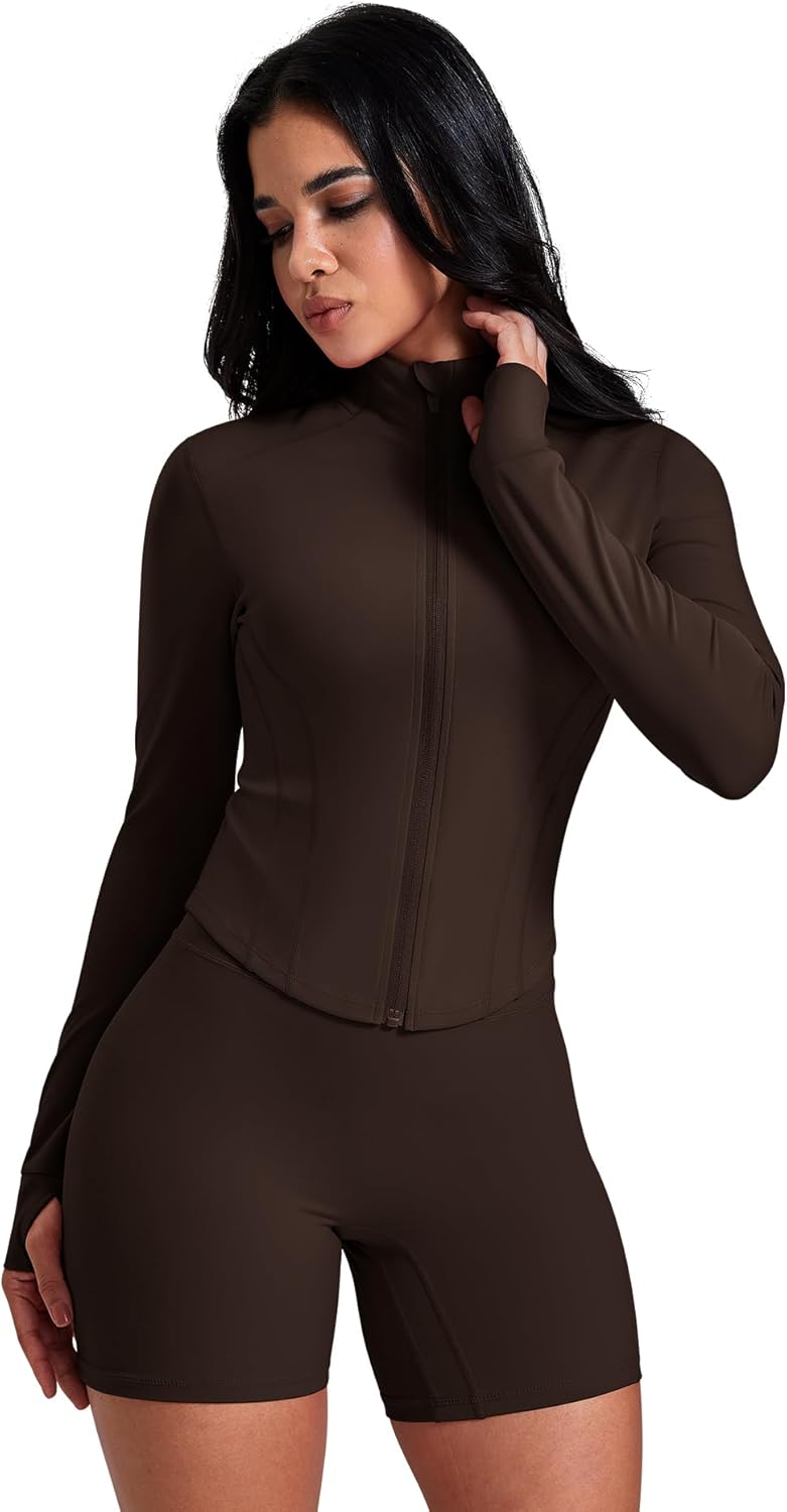 Women's Workout Jacket Zip Up Crop Top Running Sportwear Slim Fit Gym Jackets With Thumb Holes