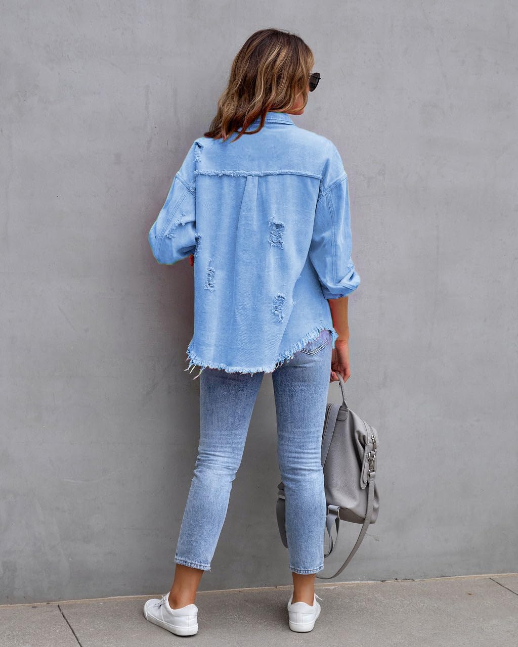 Women's Lady's long-sleeved casual jacket buttoned shirt with worn-out edges and pockets