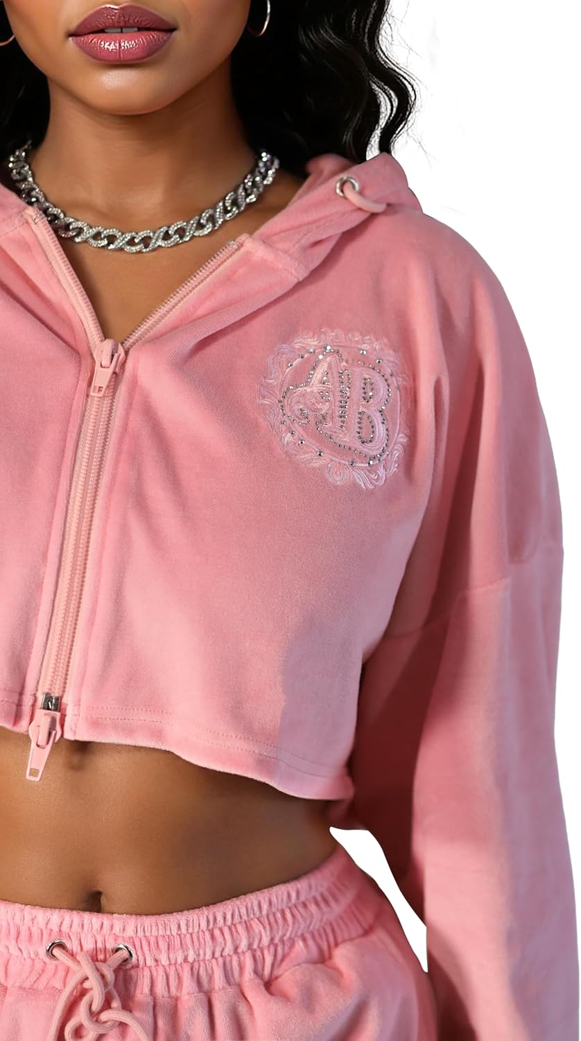 Women's Velour Cropped Zip Up Hoodie Curvy Cotton Track Jacket with Rhinestone Short Sleeves