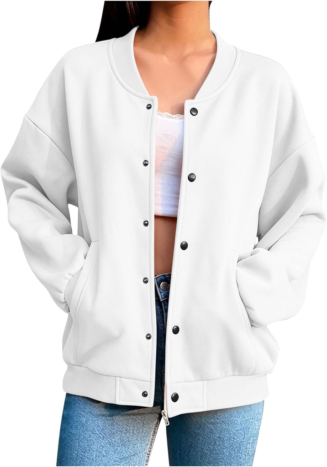 Women's Bomber Jacket for Casual Button down Trendy Sweatshirt Fall Winter Long Sleeve Outfits with Pockets