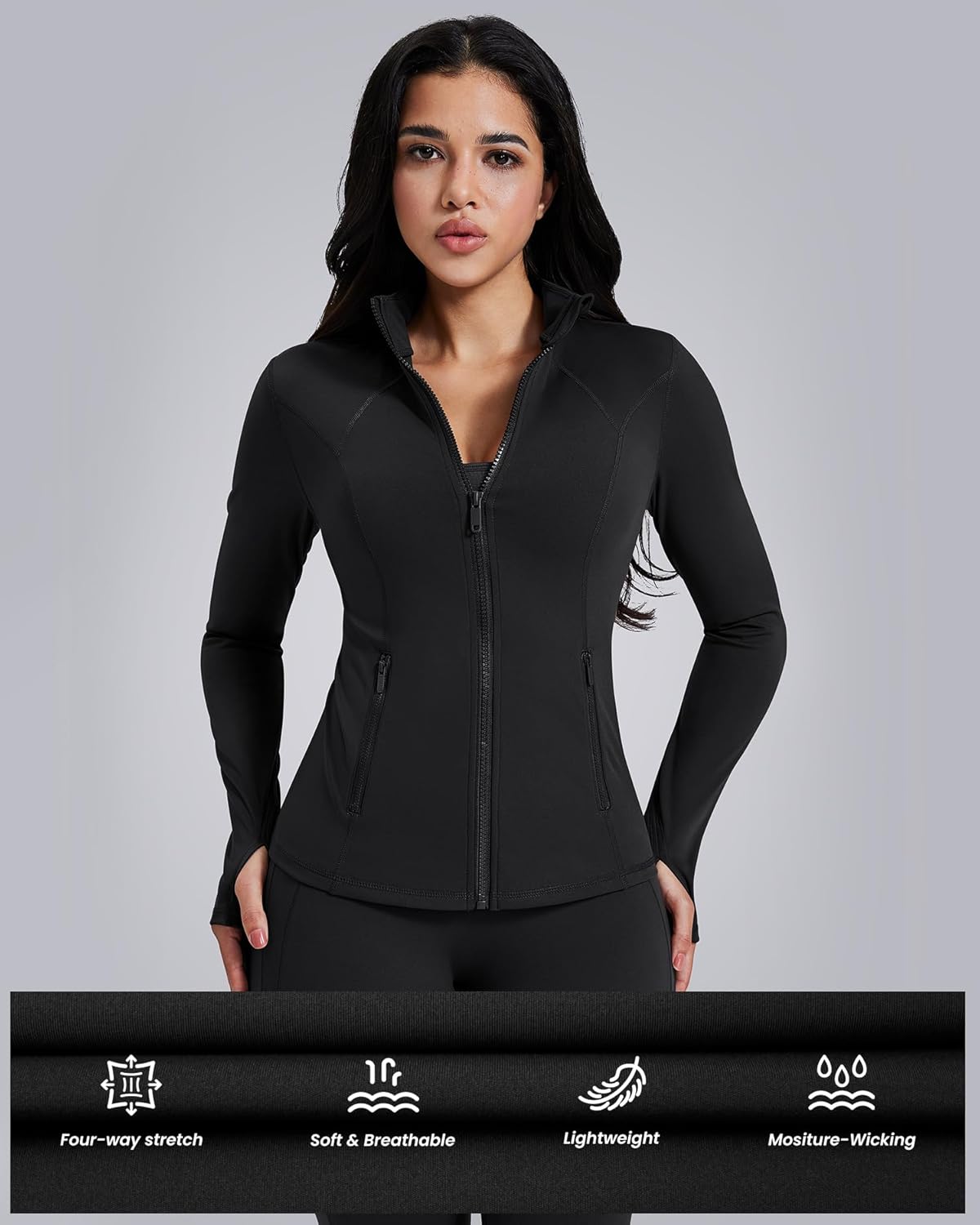 Women's Workout Jackets Athletic Zip Up Jacket Slim Fit Running Gym Top with Pockets & Thumb Holes